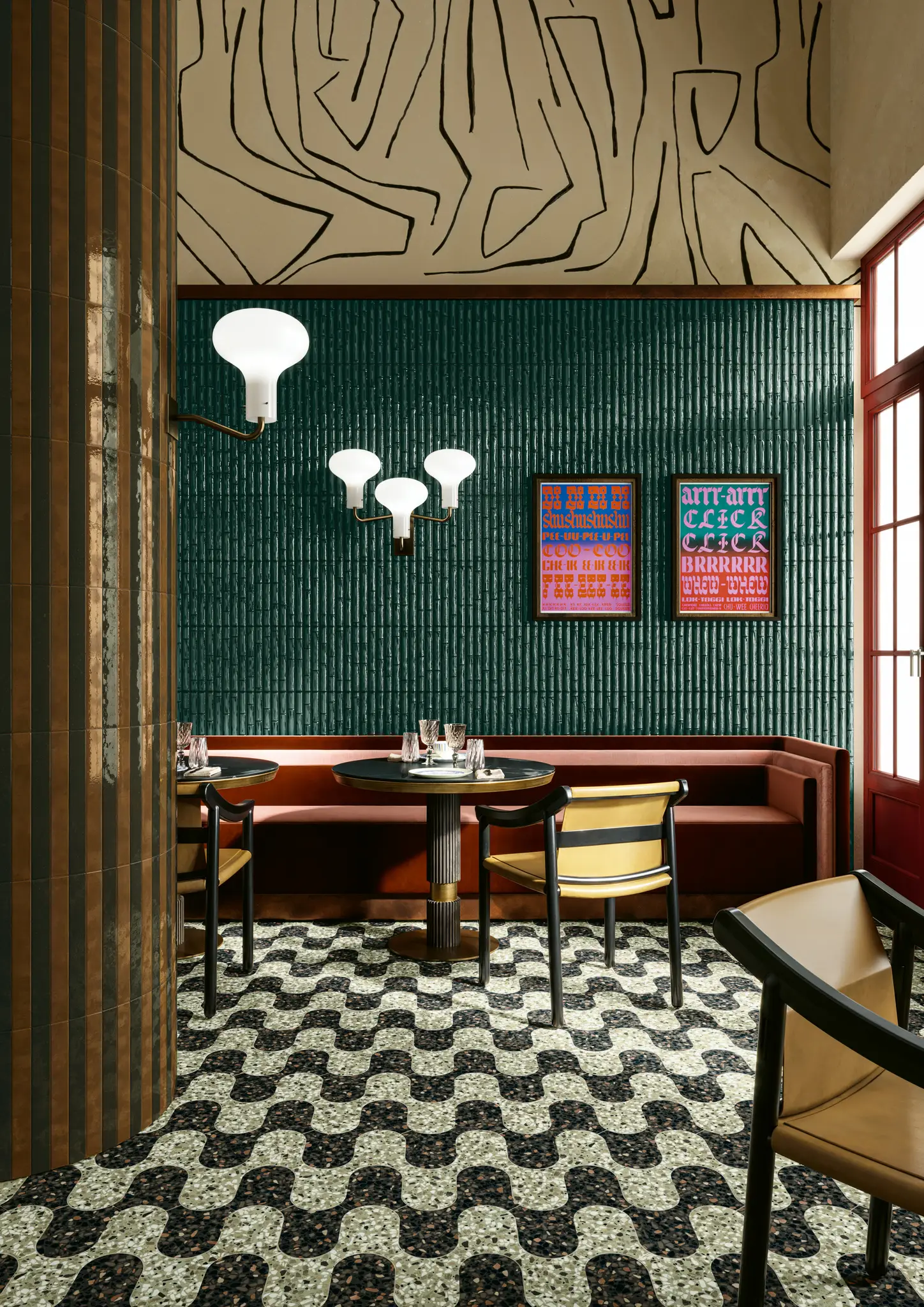 Стена Milano70 Cacao / Cognac / Bamboo Peacock 4x31 1”37/64x12” - Пол Chicco Onda Verde-Cacao 27x36,5 11”x14”