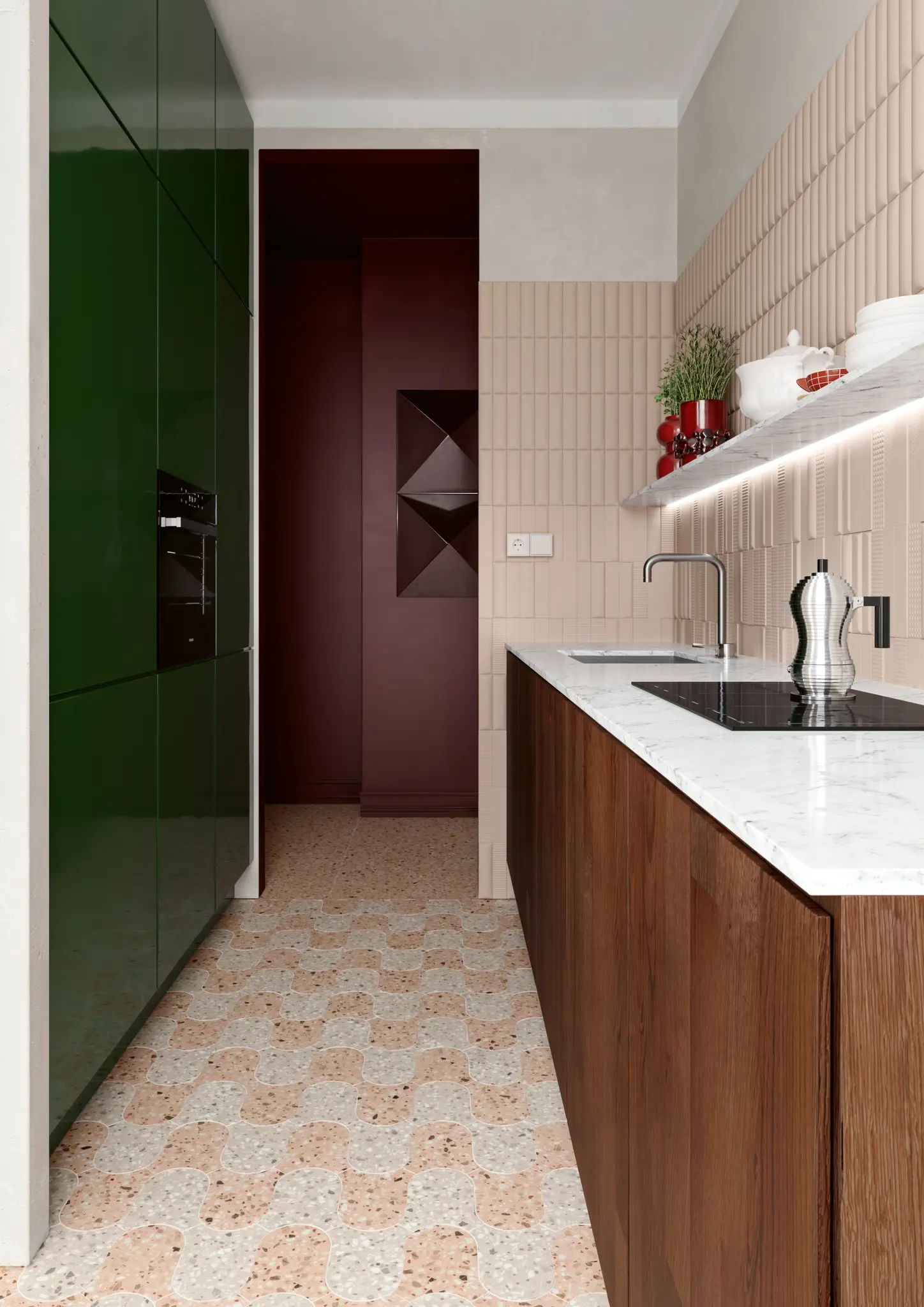 Стена Biscuit Dune / Mix Powder 5x20 2”x8” - Пол Chicco Onda Rosa-Greige 27x36,5 11”x14” / Chicco Rosa 60x120 24”x48”