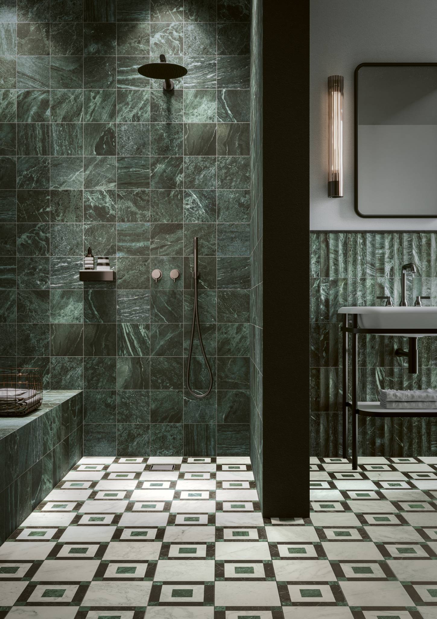 Стена Dandy Green 18,6x18,6 7”x7” - Dandy MR Green 5x25 2”x10” - Пол Dandy Square / Dandy White 18,6x18,6 7”x7”